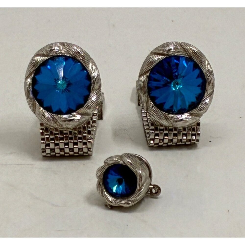 Vintage Blue Rivoli Glass Rhinestone Silver-Tone Mesh Cufflinks & Tie Tack